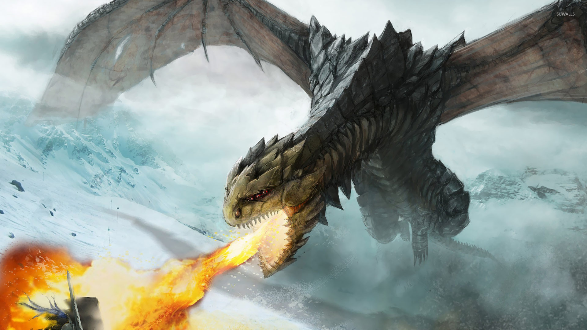 What is the title of this picture ? Fire breathing dragon wallpaper - Fantasy wallpapers - #19078