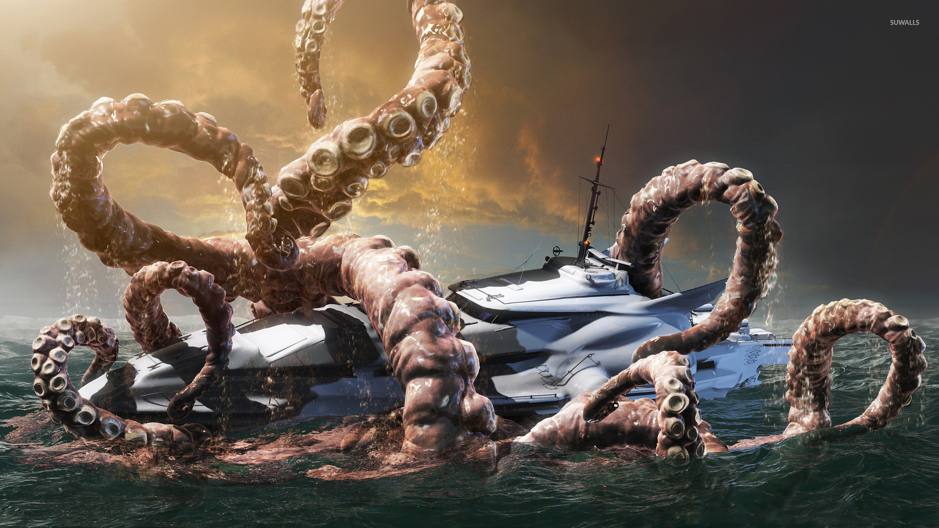 Kraken fighting with a yacht wallpaper  Fantasy wallpapers  46878