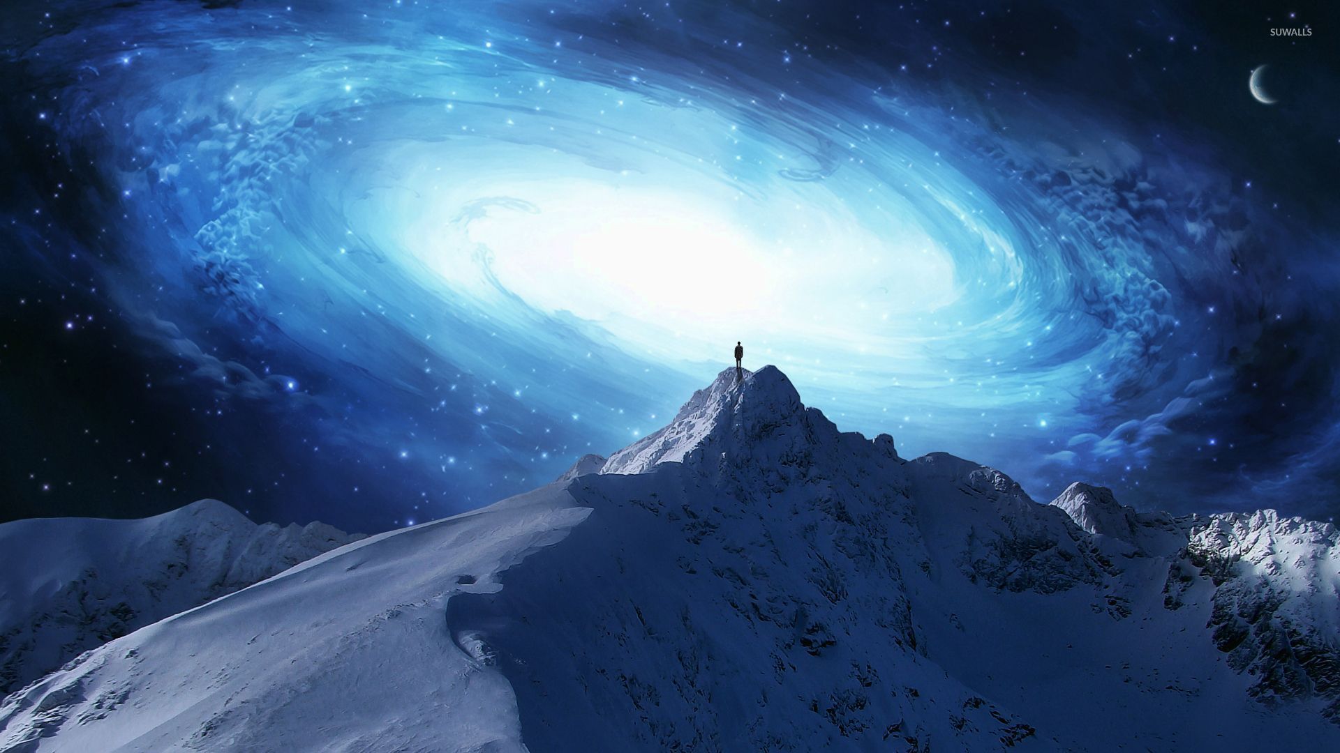 Man On The Mountain Peak Overlooking The Galaxy Wallpaper Fantasy 