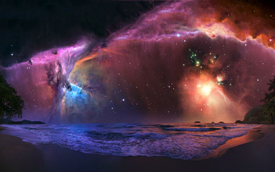 Nebula over the beach wallpaper