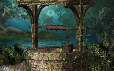 Old well hidden in the magical forest wallpaper