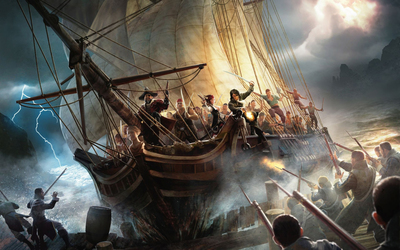 Pirate ship closing to the shore wallpaper