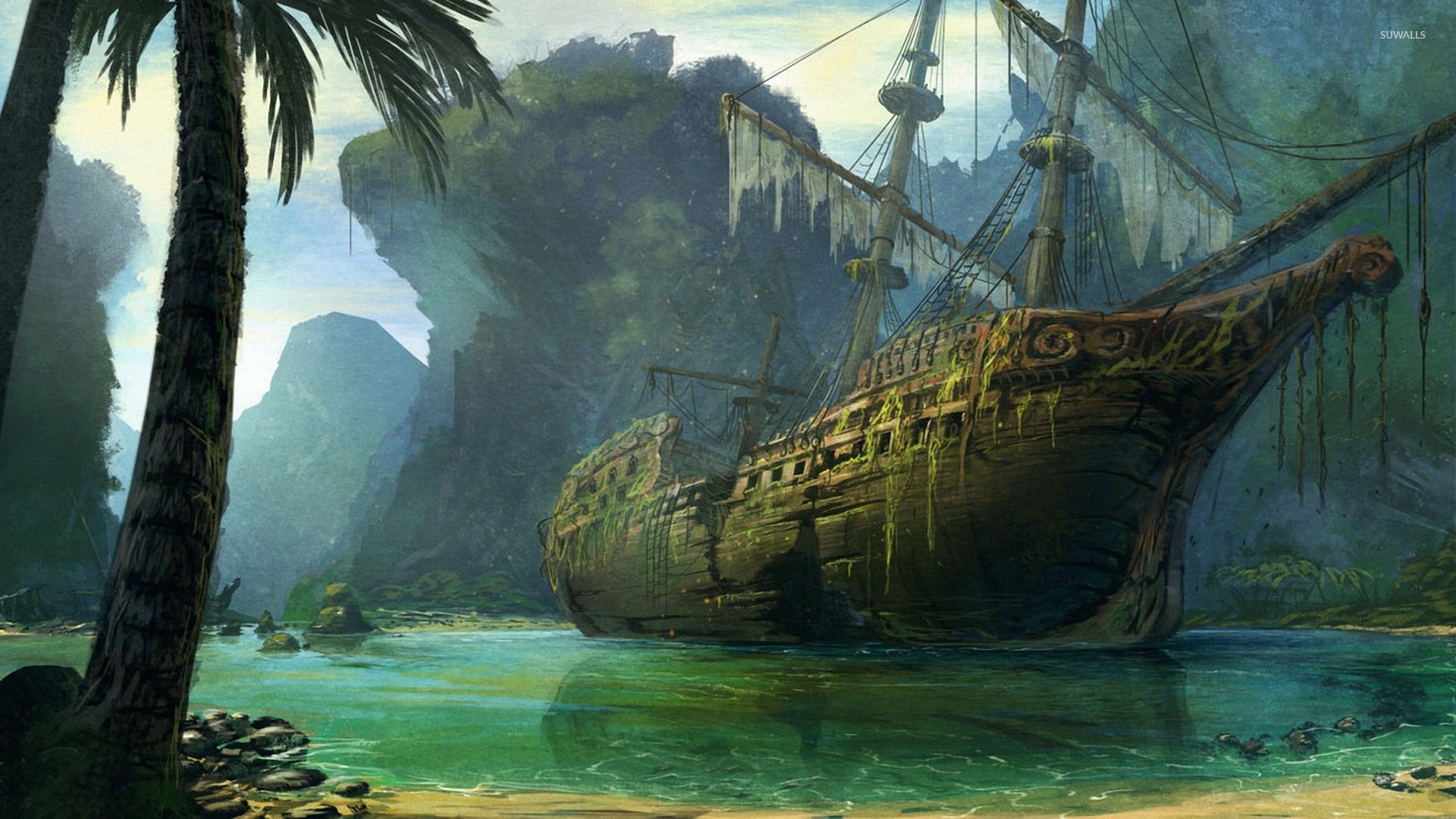 Wallpaper pirate ship sea ocean sunset skull land Art 277