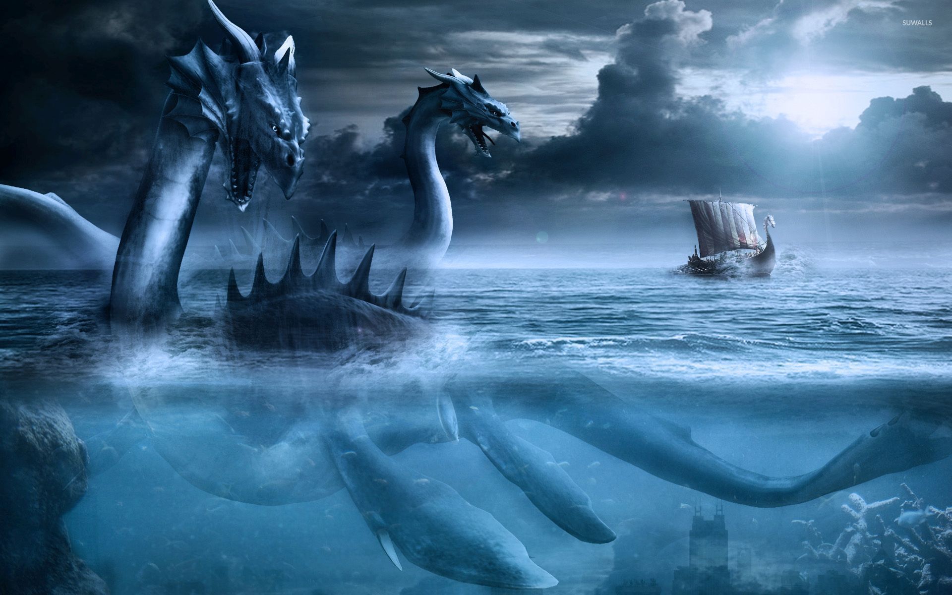 three head sea monster fantasy 3D illustration digital art landscape  wallpaper Generate Ai 22909237 Stock Photo at Vecteezy