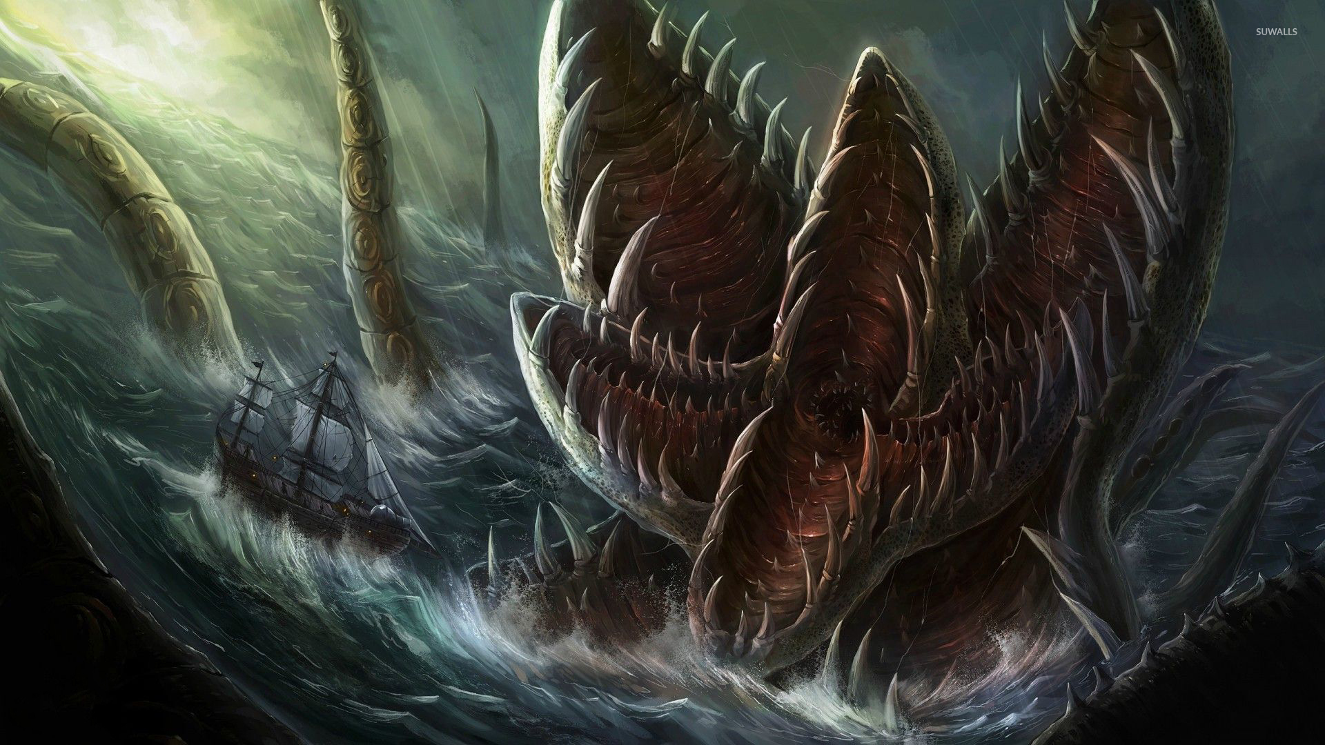 Sea monster attacking the sailing ship wallpaper - Fantasy wallpapers