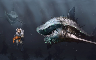 Sharks attacking the diver wallpaper