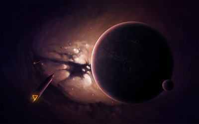 Spaceships and purple planet wallpaper