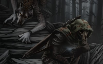 Werewolf and a skeleton in the dark forest wallpaper