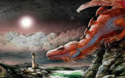Woman and a red dragon wallpaper