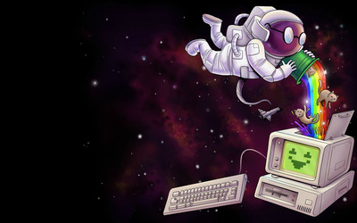 Astronaut gathering nyan cats in a computer Wallpaper