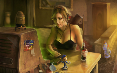 Girl with headphones in Fallout wallpaper
