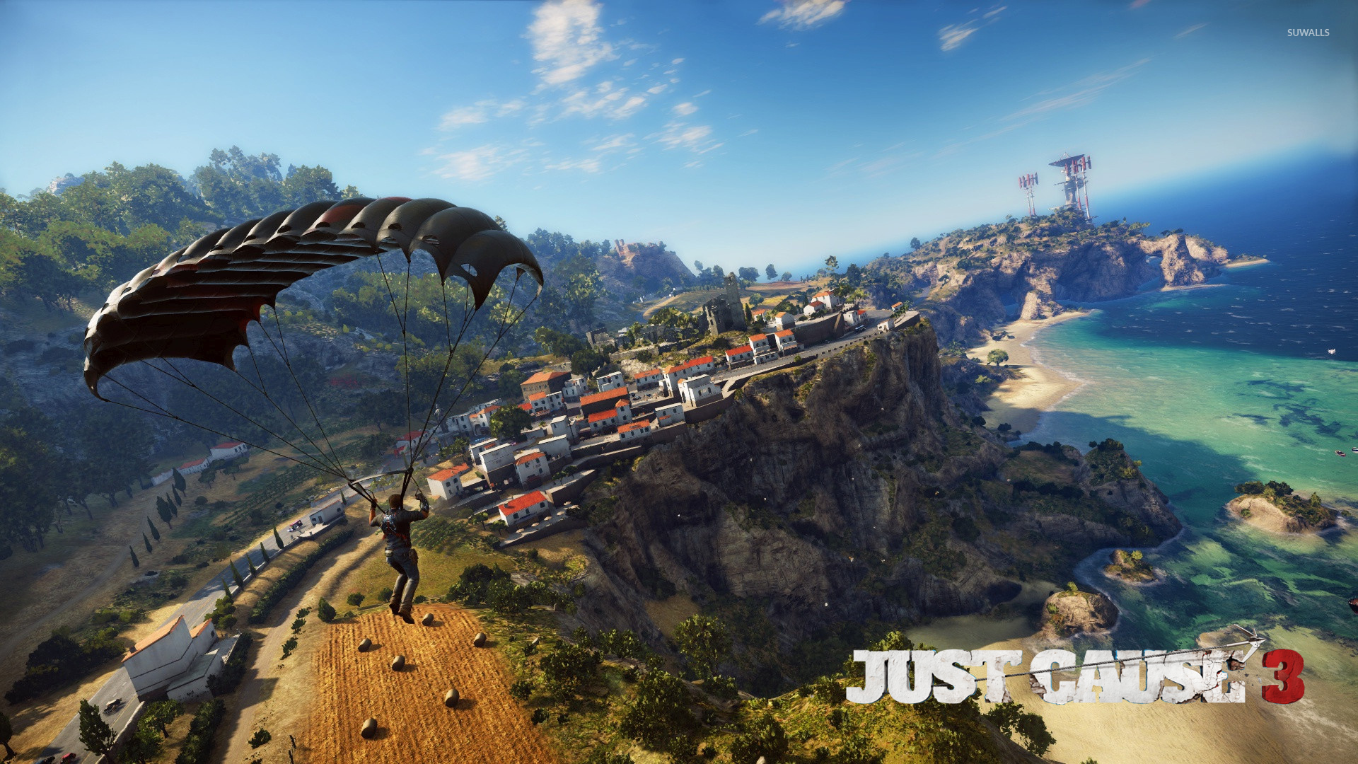 Rico Rodriguez Parachuting Over The Coast Just Cause 3 Wallpaper