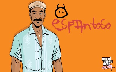 Vice City character in front of Radio Espantoso logo wallpaper