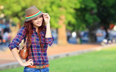 Beautiful asian redhead with a hat Wallpaper
