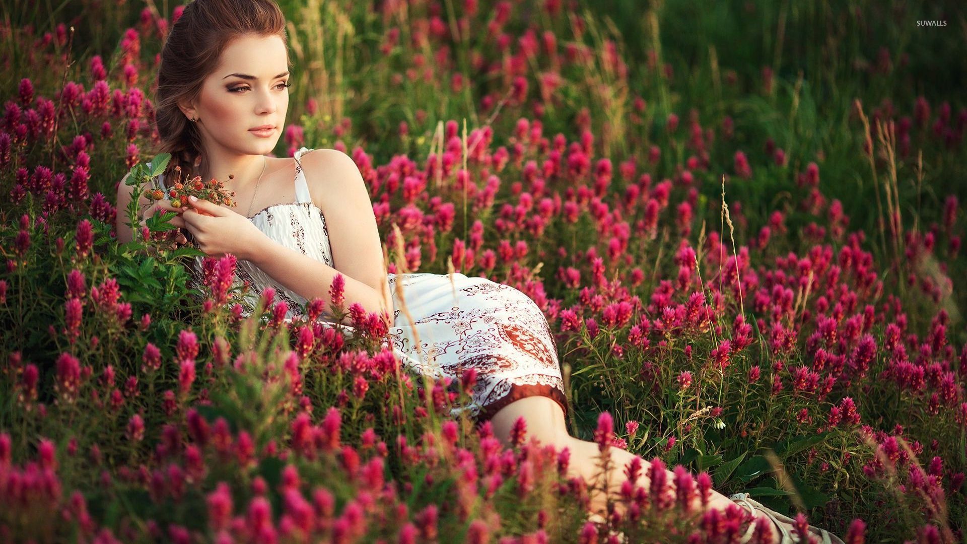 Cute Model Lying Between The Purple Flowers Wallpaper Girl Wallpapers 53114 8292