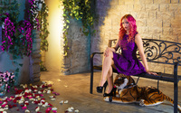 Redhead in a purple dress on a bench wallpaper 1920x1200 jpg