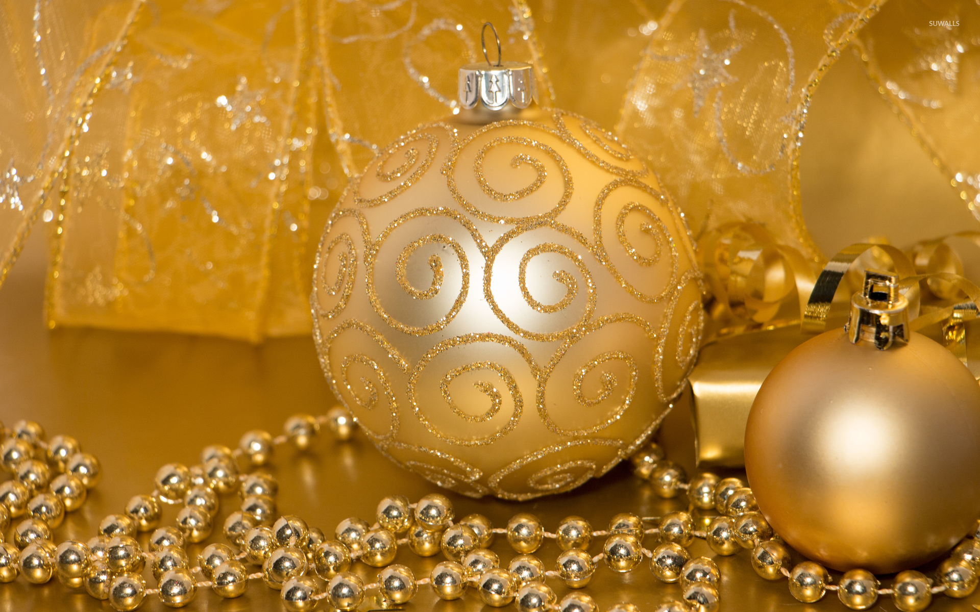 Golden baubles and ribbons wallpaper - Holiday wallpapers - #51419