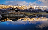 Amazing mountain view behind the hut by the lake wallpaper 1920x1200 jpg