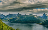 Fluffy clouds over the mountain lake wallpaper 1920x1080 jpg