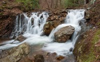 Forest waterfall flowing alongside the rocky river wallpaper 1920x1200 jpg