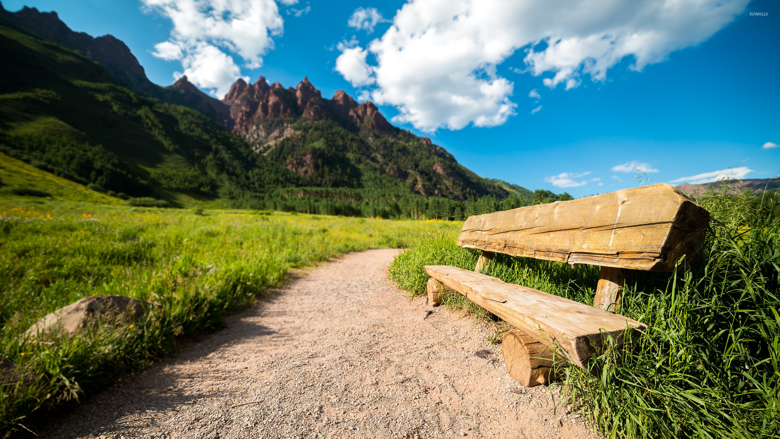 Log bench on the path to the mountains wallpaper - Nature wallpapers ...