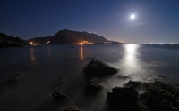 Moonlight shining upon the rocks in the ocean wallpaper 1920x1200 jpg