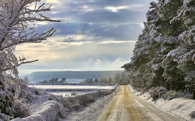 Road through the snowy countryside wallpaper