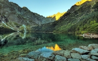 Rocky lake by the forest mountain wallpaper 1920x1200 jpg