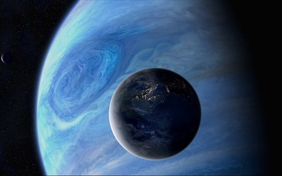 Big blue satellite of a smaller planet wallpaper