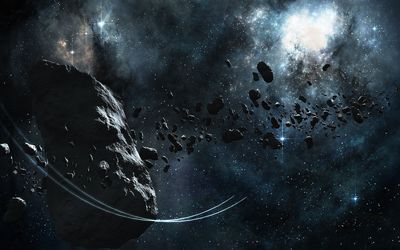 Large asteroid surrounded by smaller ones wallpaper