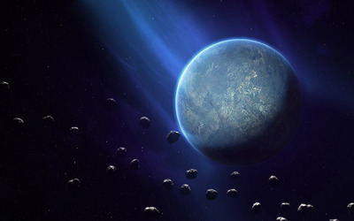 Planet surrounded by asteroids Wallpaper