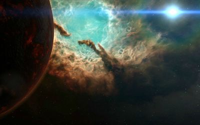 Red planet by the amazing nebula Wallpaper