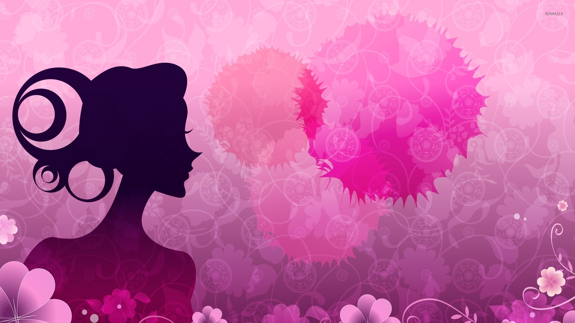 Download Woman silhouette by the pink flowers wallpaper - Vector ...