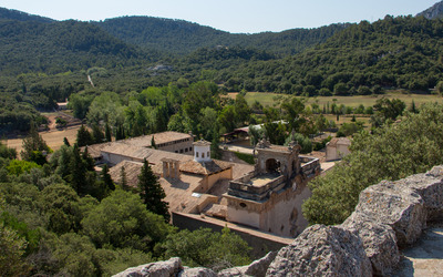Santuari de Lluc monastery seen from the mountain Wallpaper