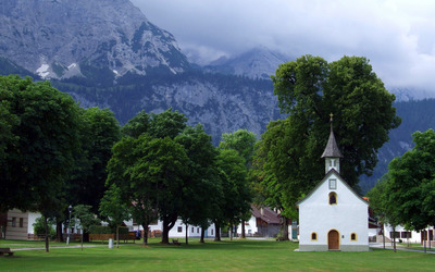 Small church in a mountain town wallpaper