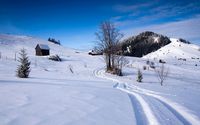 Snowy path through the mountain houses wallpaper 2560x1600 jpg
